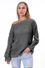 Charcoal off-shoulder waffle knit sweater with slouchy fit and boat neckline