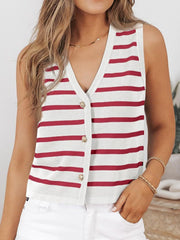 Button-front red and white striped knit V-neck sleeveless top with gold buttons
