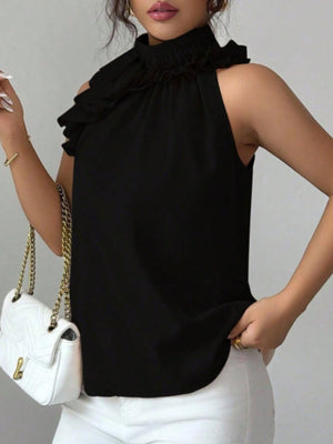 Black ruffled high neck sleeveless blouse with a casual cut.