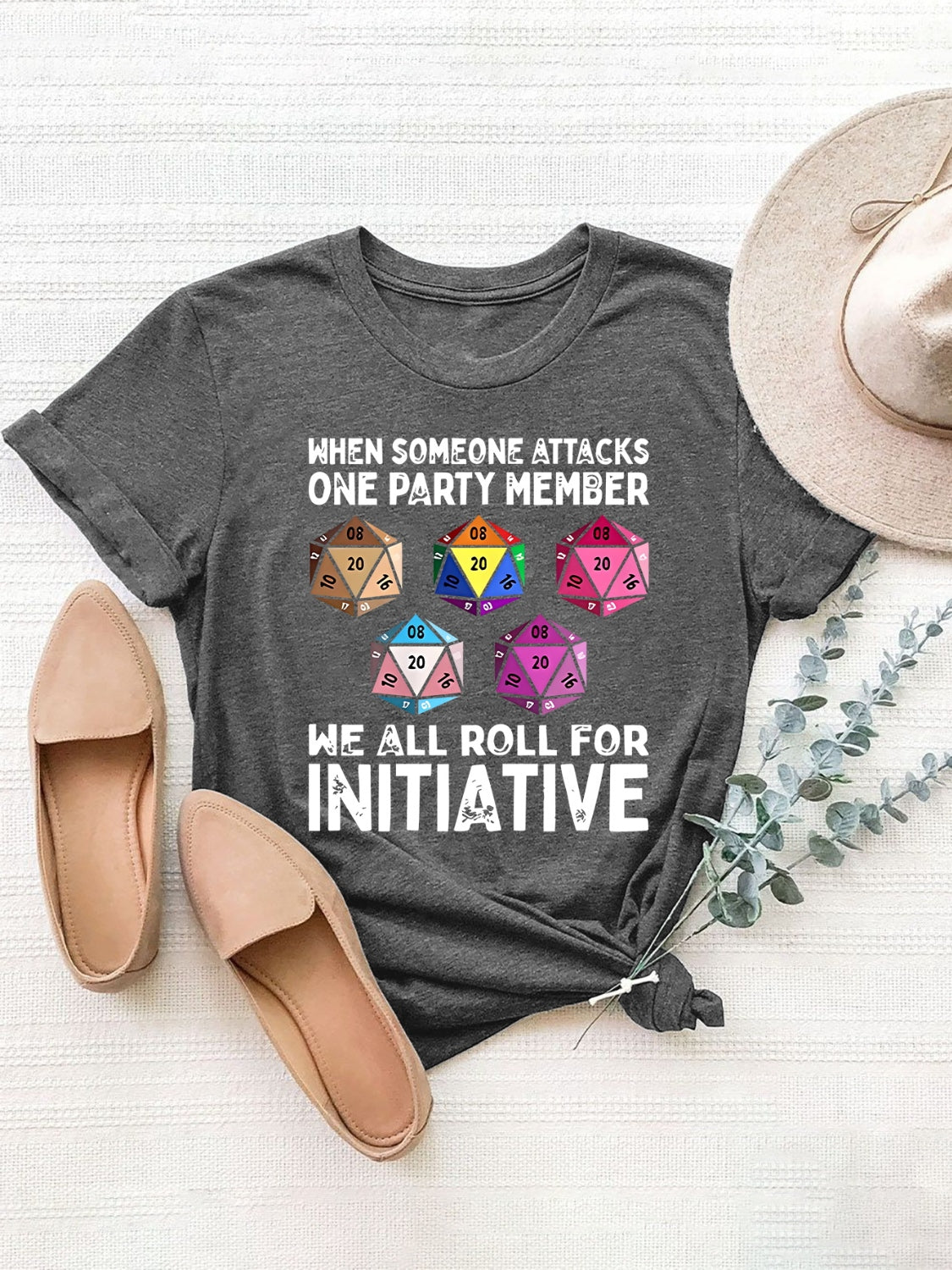 Dark Gray t-shirt with dice graphic and text "WE ALL ROLL FOR INITIATIVE