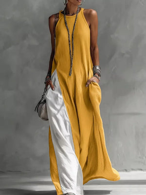 Chic two-tone mustard and white maxi dress with pockets and side slit.