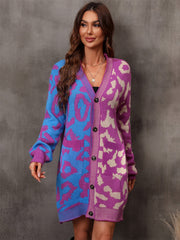 Colorblock leopard knit duster cardigan with button front and pockets