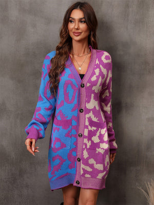 Colorblock leopard knit duster cardigan with button front and pockets