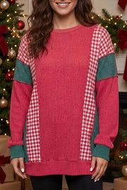 Patchwork Plaid Colorblock Twist Rib Round Neck Top, model styling view