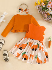 Orange baby set with ruffled cardigan and carrot print dress, includes headband.