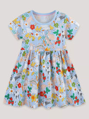 Light blue cotton toddler dress with a charming cartoon animal and floral print.