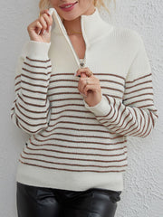Ribbed stripe half-zip knit sweater with mock neck and waffle knit texture.