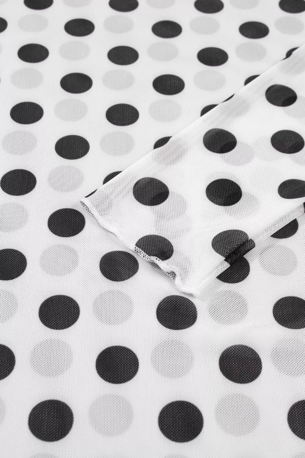 White polka dot mesh mock neck shirt with sheer fabric and long sleeves.