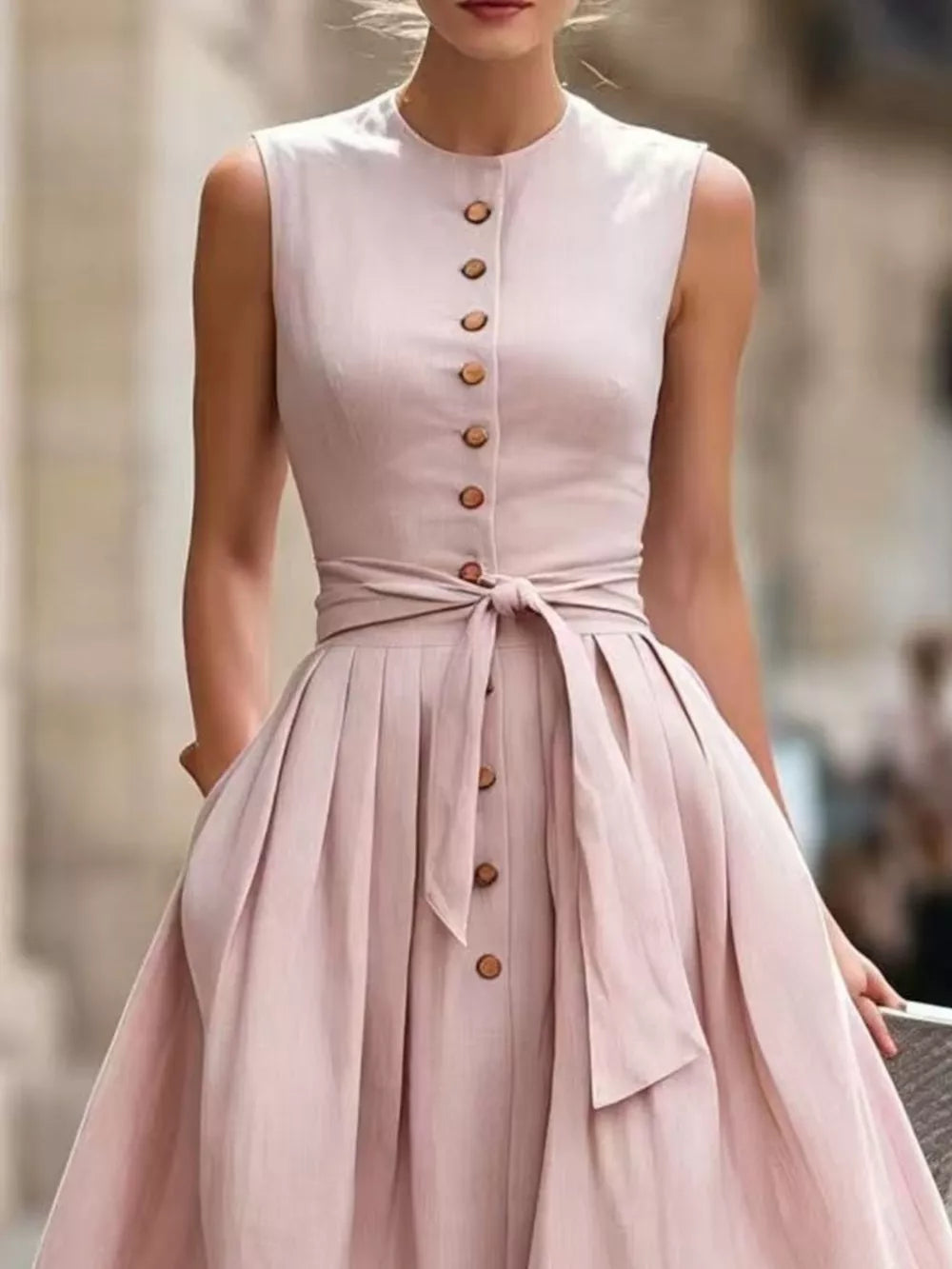 Sleeveless Button-front Belted Midi Dress Plus Size, back view