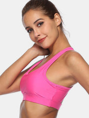 Pink Racerback Pocket Sports Bra with scoop neckline and supportive band.