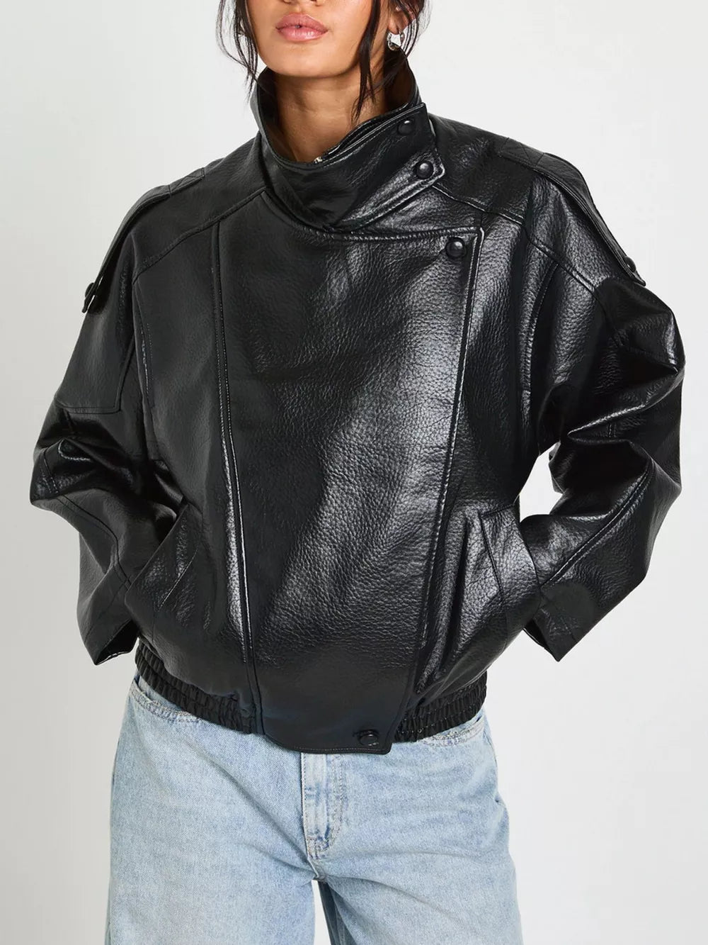 Faux Leather Moto Jacket With Asymmetrical Zip in Black, front view