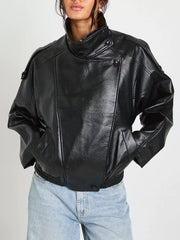 Faux Leather Moto Jacket With Asymmetrical Zip in Black, front view