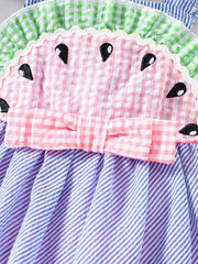 Baby dress with watermelon design, pink gingham, bow, and blue striped skirt.