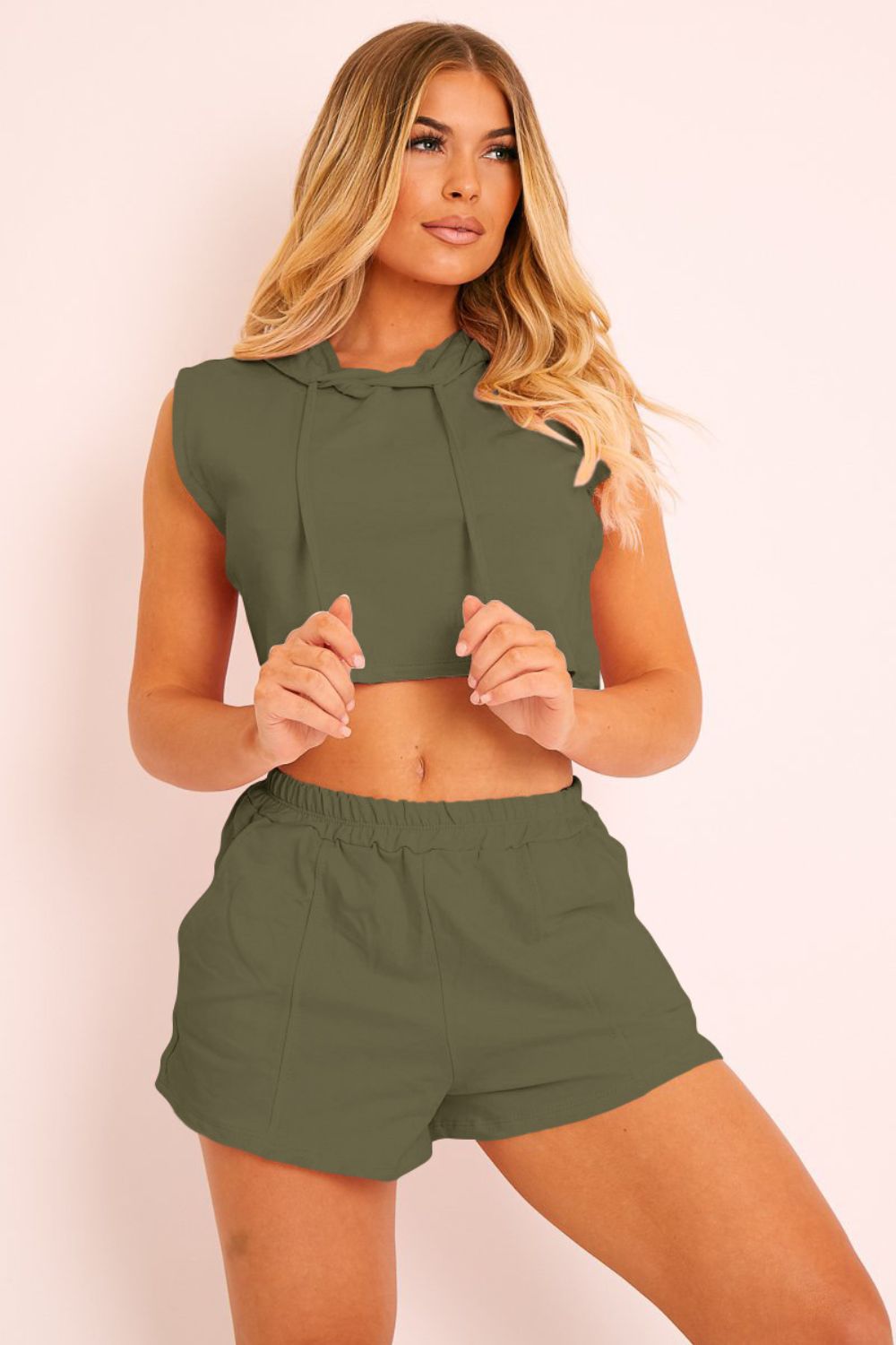Sleeveless crop hoodie and boxer shorts set in Army Green with drawstring hood.
