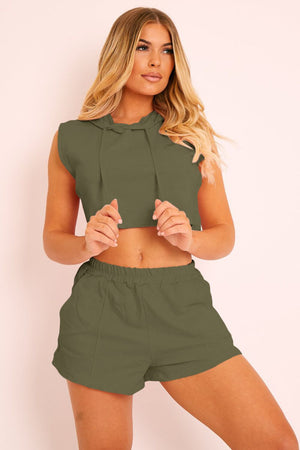 Sleeveless crop hoodie and boxer shorts set in Army Green with drawstring hood.