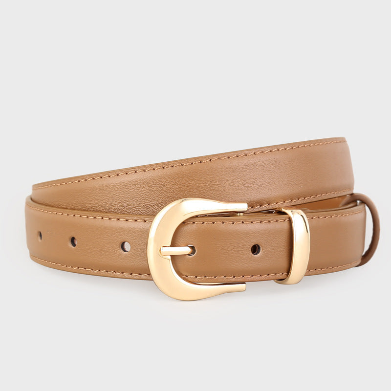 Leather belt in coffee brown with a polished gold buckle.