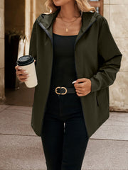 Army green zip-through hooded jacket with a full zip closure and pockets.