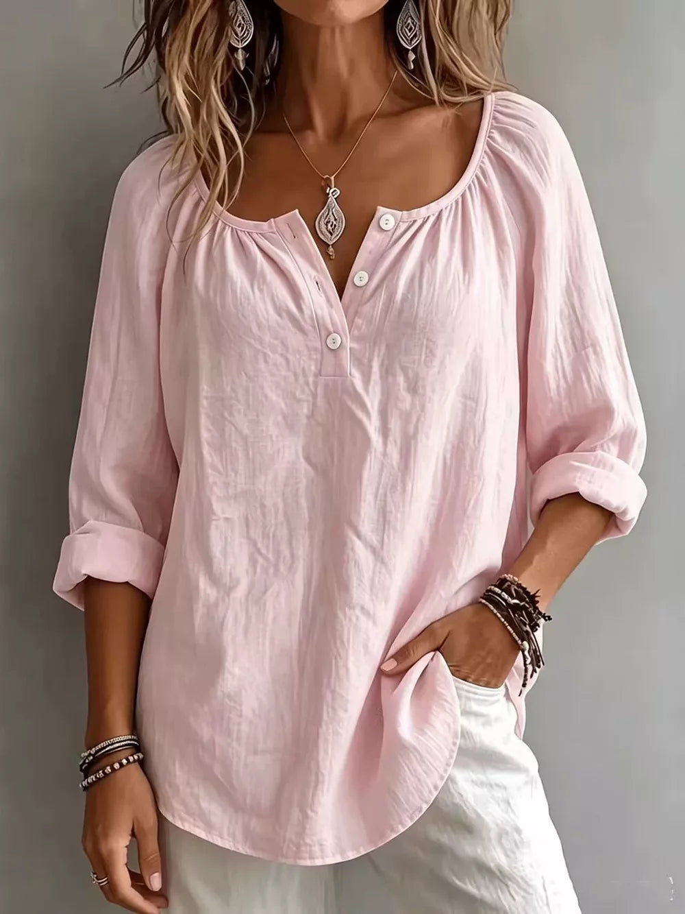 Button Detail Long Sleeve Top in Light Blue, front view