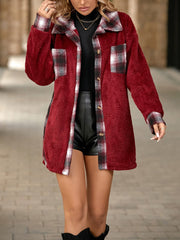 Burgundy teddy shacket with plaid collar, cuffs, and pocket details.