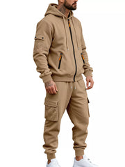 Men's Plus Size Casual Zip-up Hoodie And Cargo Pants Set in Dark Gray, side view