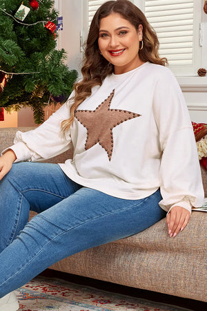 White sweatshirt with studded brown star detail and relaxed fit