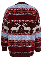 Brown acrylic knit sweater with Fair Isle reindeer and snowflake pattern.