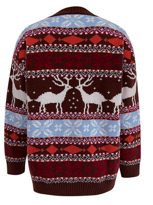 Brown acrylic knit sweater with Fair Isle reindeer and snowflake pattern.