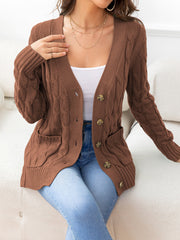Textured cable-knit button-front cardigan in Chestnut with pockets.