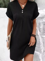 Full Size Casual V-neck Short Sleeve Dress in Silver, model styling view