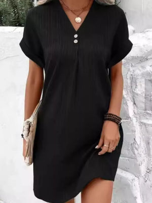 Full Size Casual V-neck Short Sleeve Dress in Silver, model styling view