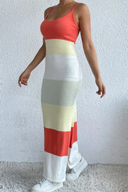 Color Block Spaghetti Strap Knit Dress in Strawberry, close-up detail