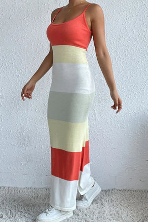 Color Block Spaghetti Strap Knit Dress in Strawberry, close-up detail