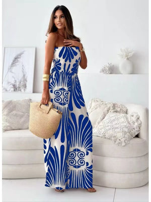 Strapless wide-leg romper in white with blue tribal print, polyester.