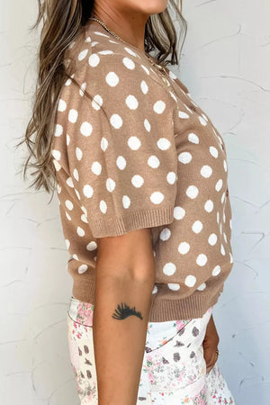 Camel polka dot short sleeve button-down cardigan with ribbed cuffs.
