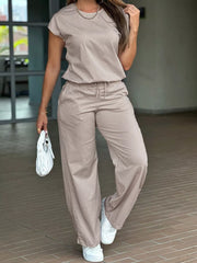 Round Neck Tee And Drawstring Pants Set in Khaki, side view