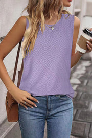 Textured sleeveless shell top in lavender with a diamond eyelet pattern.