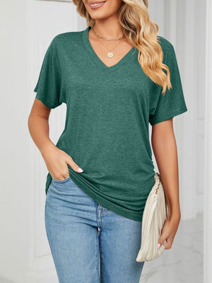 Relaxed V-neck short sleeve t-shirt in dark green with a draped fit.