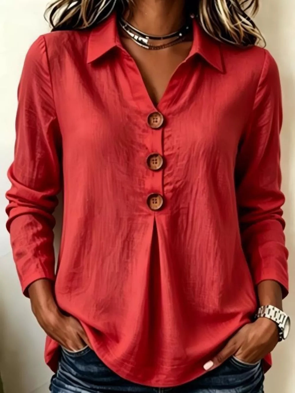 Button Detail Long Sleeve Blouse in Light Blue, alternate angle