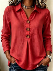 Button Detail Long Sleeve Blouse in Light Blue, alternate angle