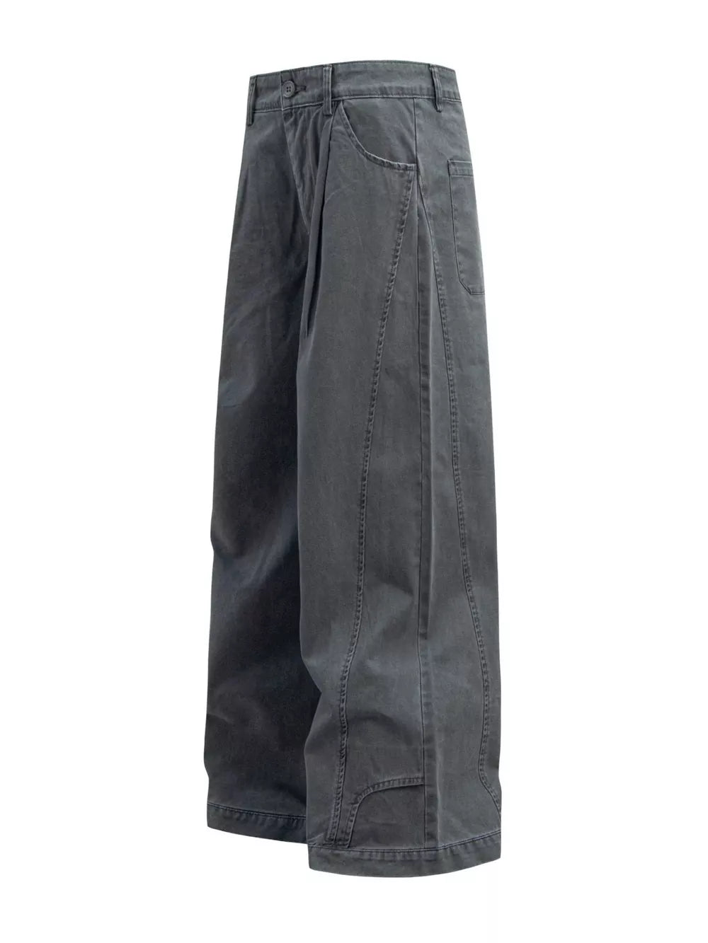 Grey cotton sweatpants with wide legs, button closure, and belt loops.