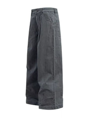 Grey cotton sweatpants with wide legs, button closure, and belt loops.