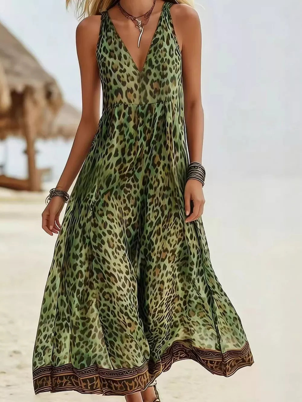 Vibrant leopard print midi dress in dark green with V-neck and flowing skirt.