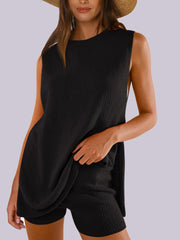 Textured knit tank and short set in dark blue, featuring slit sides.