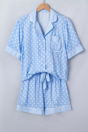 Blue polka dot viscose pajama set with white piping and striped accents.
