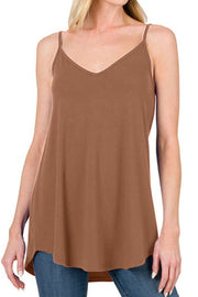 Caramel cami with spaghetti straps and curved hemline