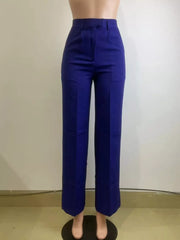 High-waisted wide-leg trousers in dark blue with a clean, tailored cut.