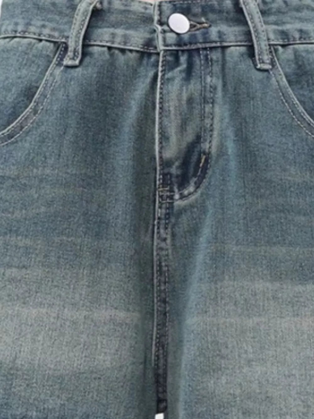 Men's blue denim cargo shorts with faded wash and button fly detail.