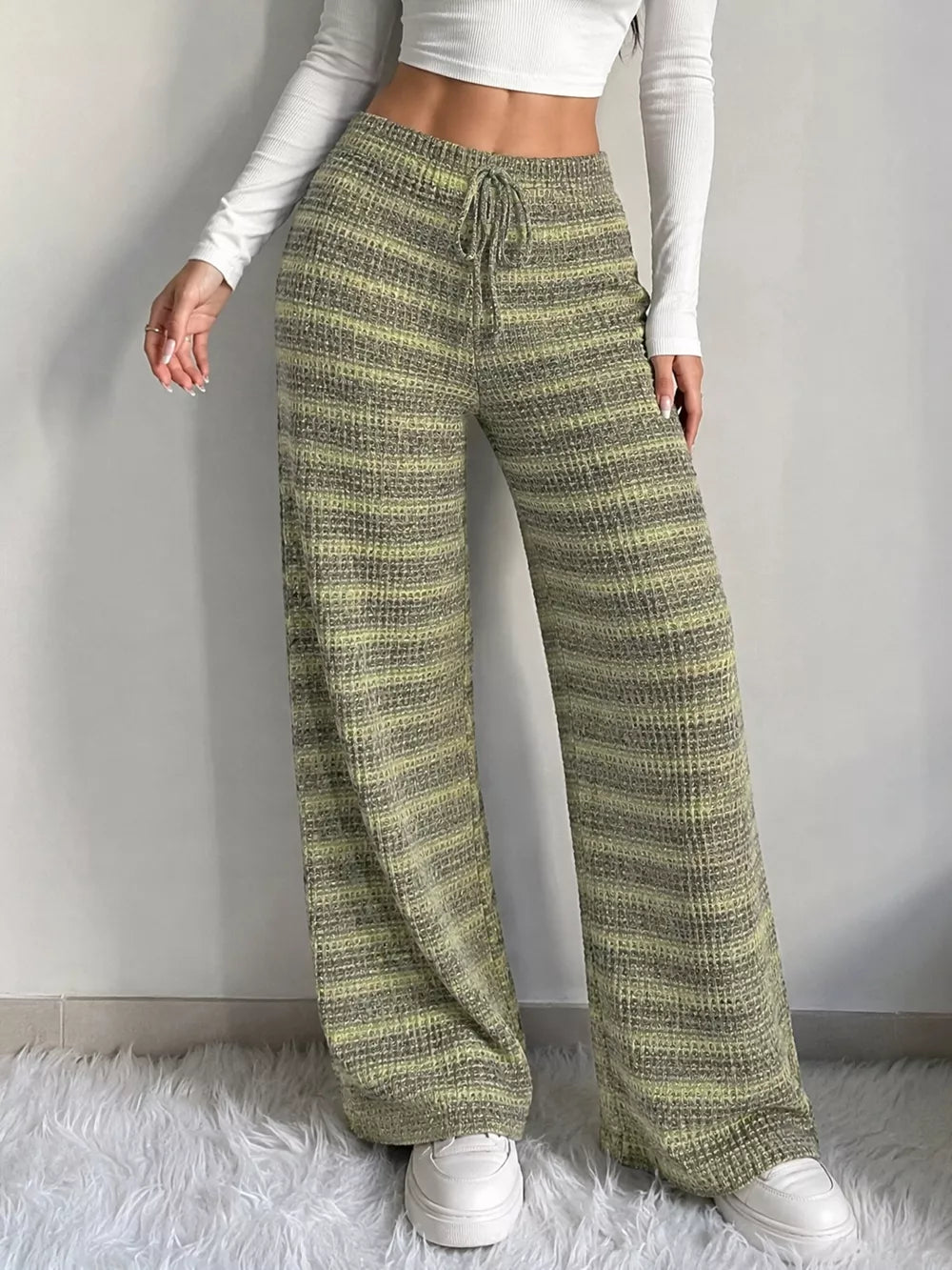 Striped Knit Wide-leg Pants in Army Green, front view