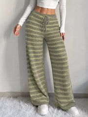 Striped Knit Wide-leg Pants in Army Green, front view