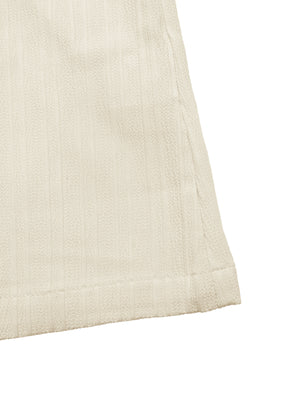 Beige cotton blend midi dress with subtle vertical texture and a-line cut.